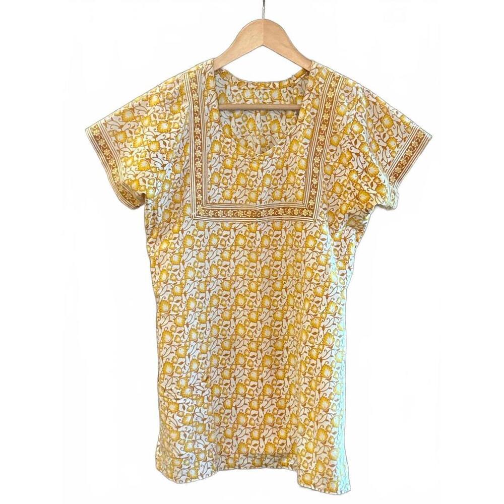 Womens Tunic S/M Yellow Floral Top Short Sleeve Pullover Hippie Cottagecore